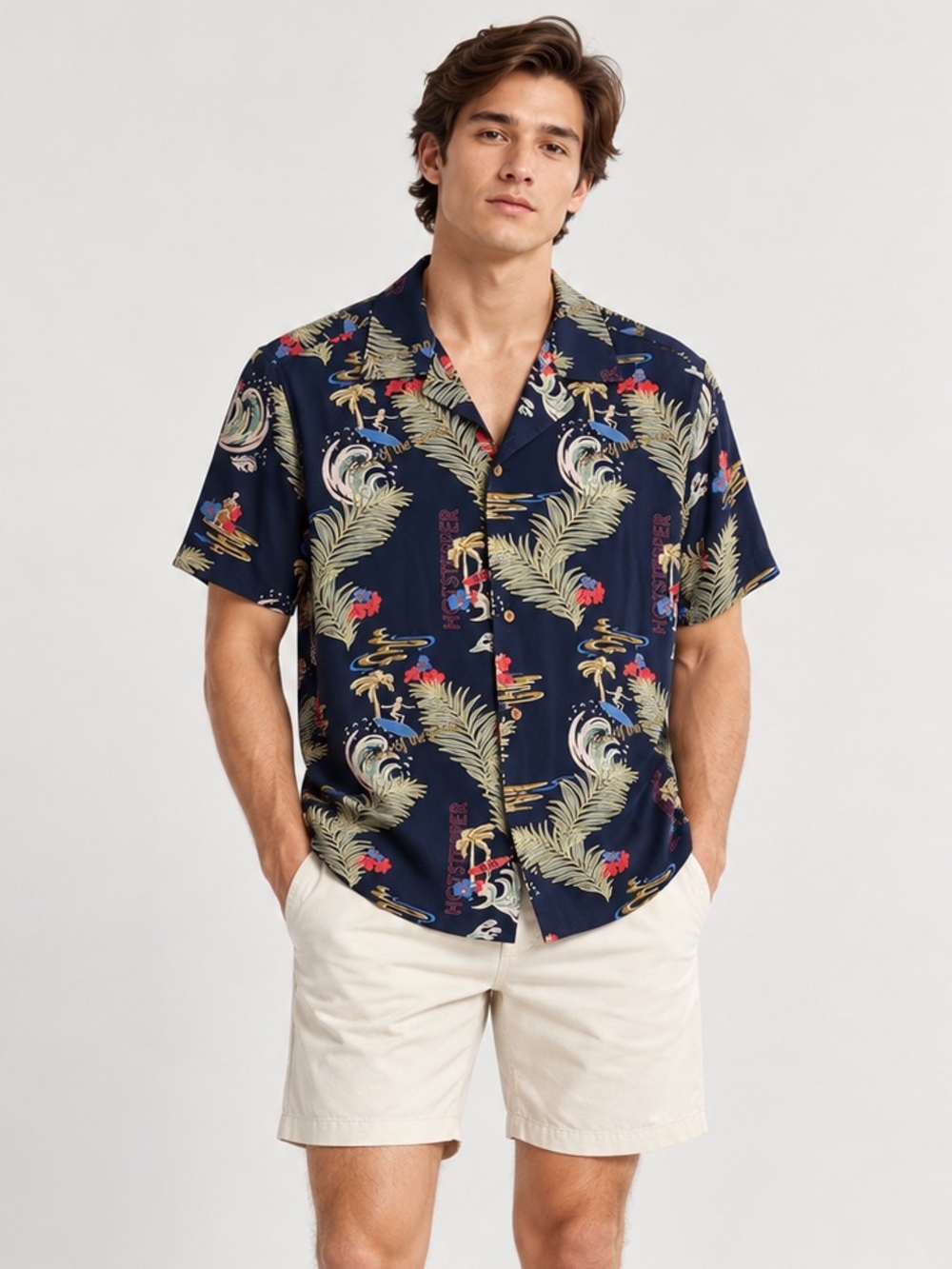 Only & Sons Large Tropical Hawaiian Button Down Shirt Navy Short Sleeve Resort